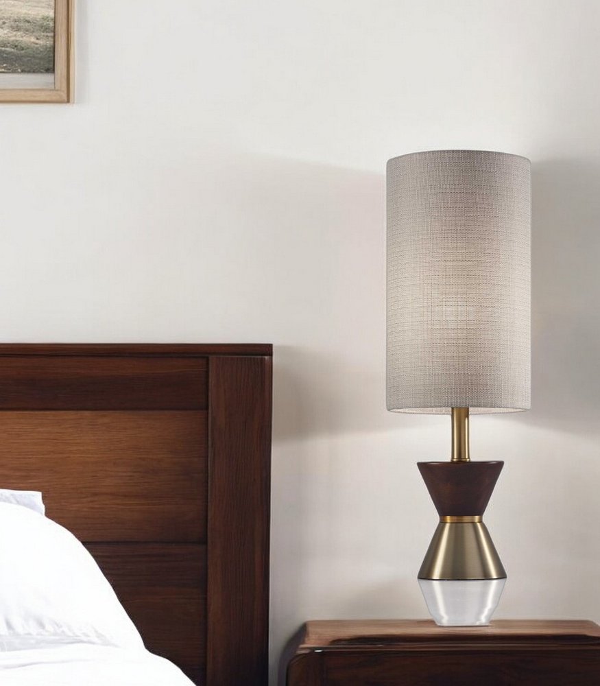 23" Brass Metal And Wood Table Lamp With Beige Drum Shade