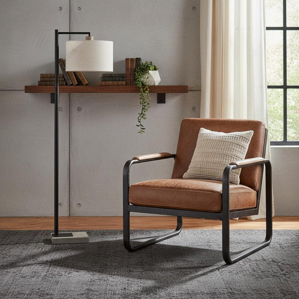 61" Grey And Black Arc Floor Lamp With White Fabric Drum Shade