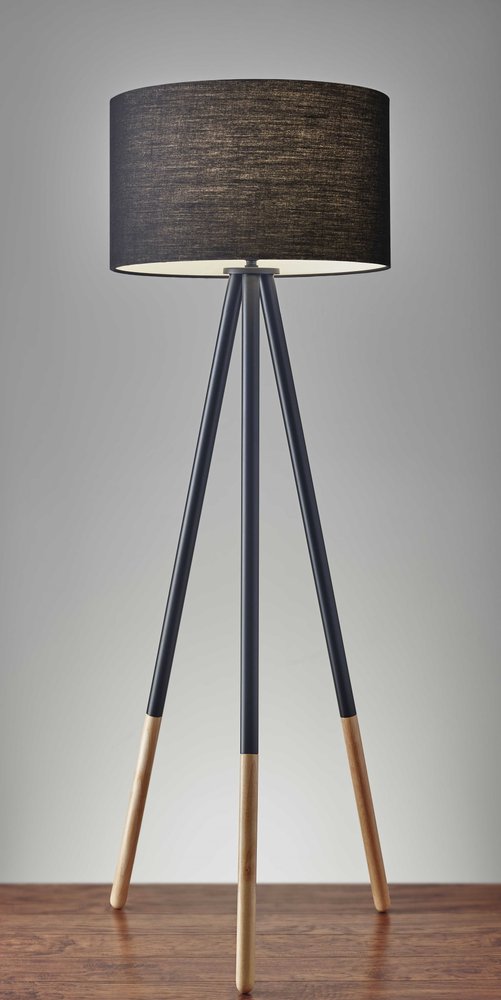 60" Black Tripod Floor Lamp With Black Fabric Drum Shade