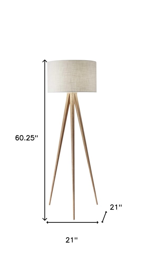 60" Brown And White Tripod Floor Lamp With White Linen Drum Shade