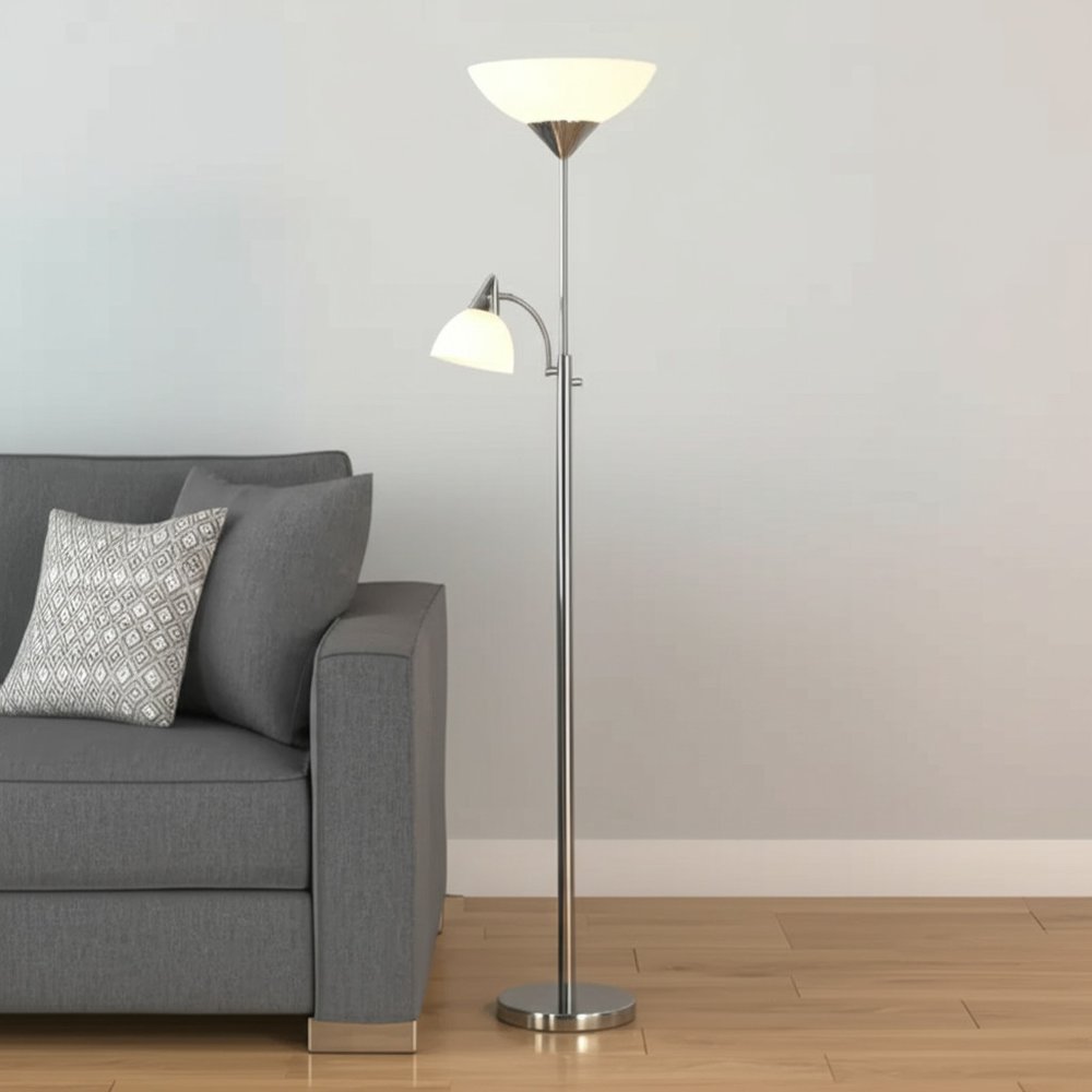 71" Two Light Torchiere Floor Lamp With White Acrylic Bowl Shades