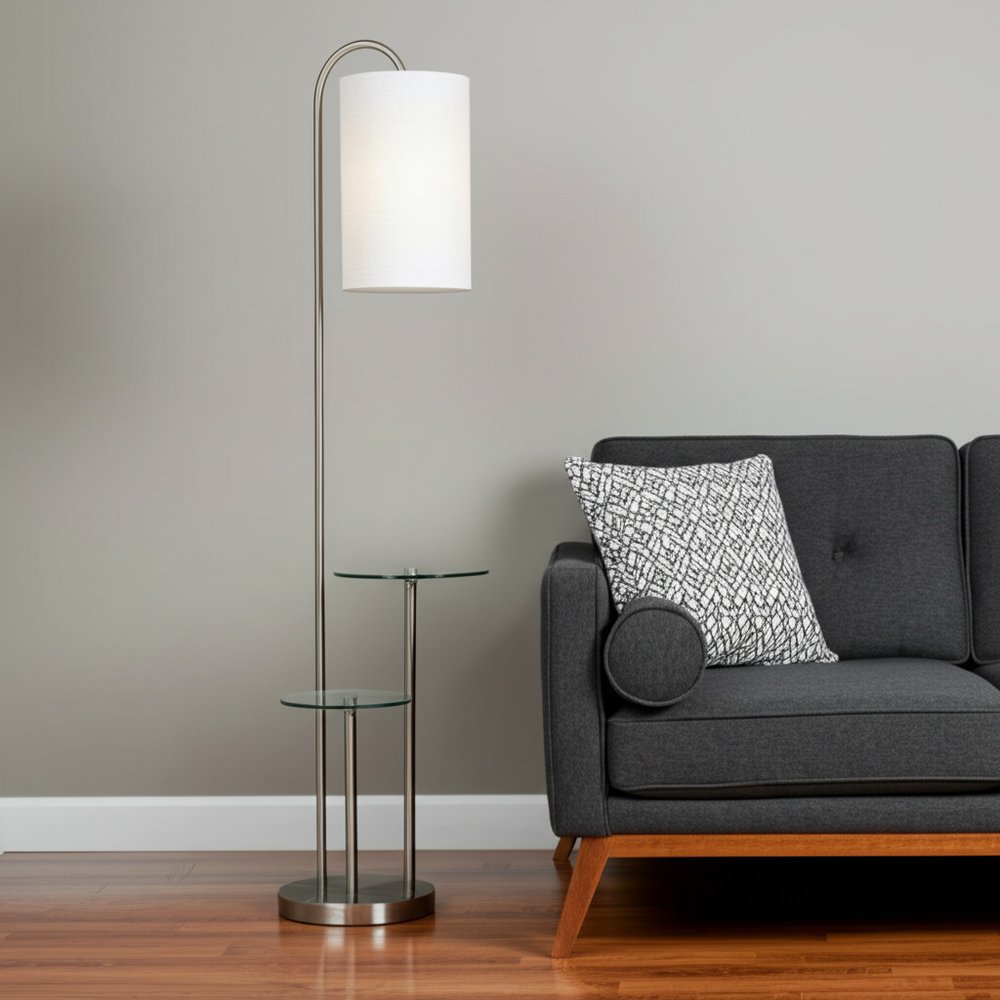 66" Silver Tray Table Floor Lamp With White Fabric Drum Shade