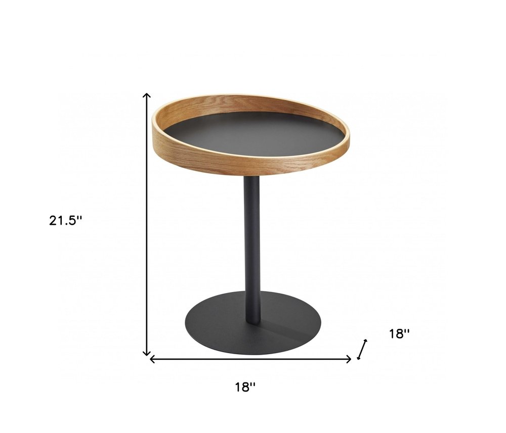 22" Black And Natural Wood And Metal Round Pedestal End Table
