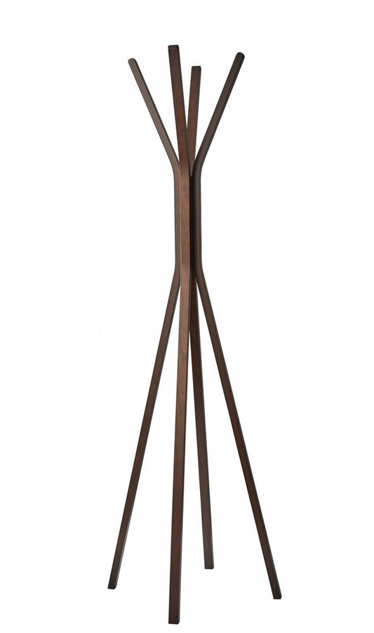 68" Brown Wood Four Hook Freestanding Coat Rack