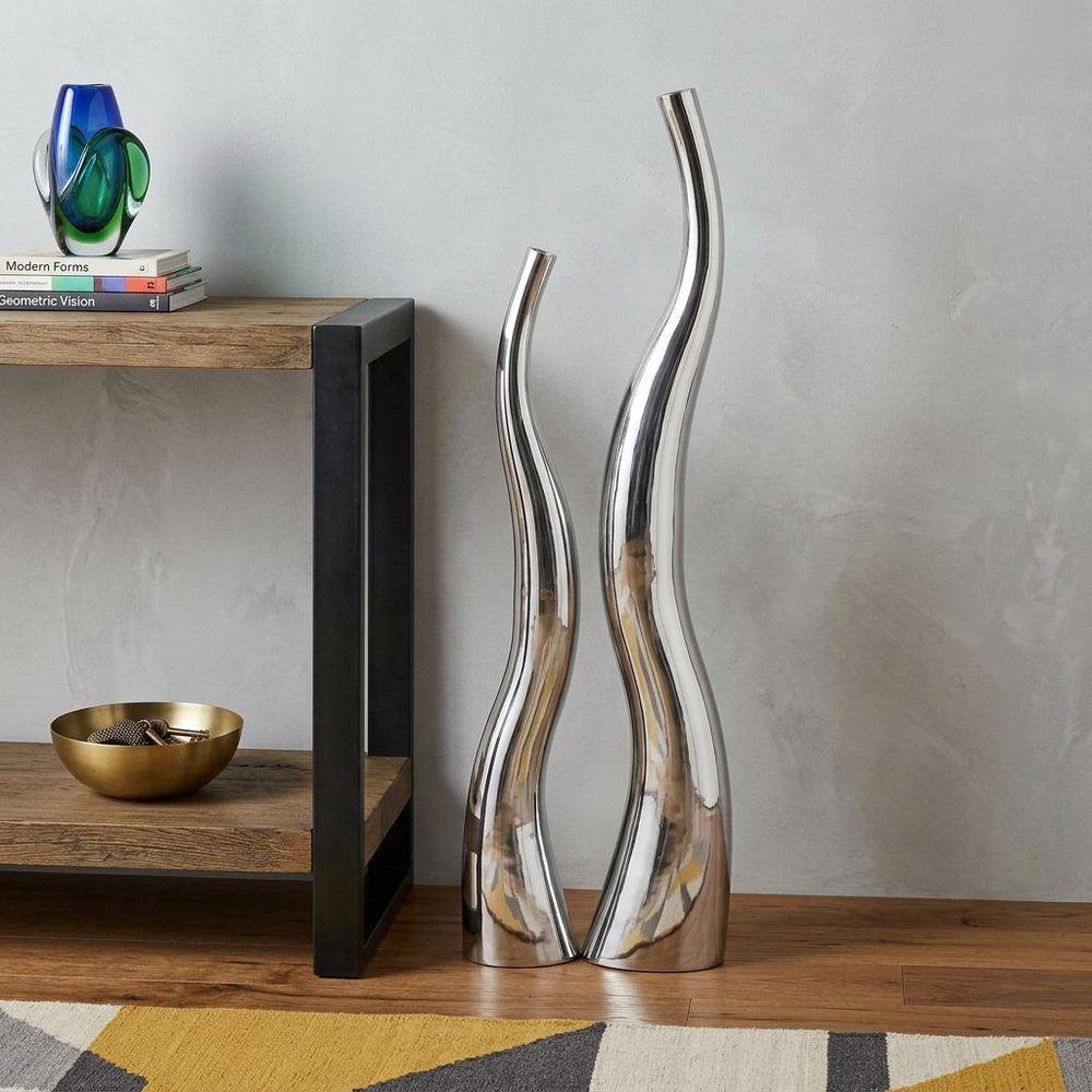 Set of Two Silver Aluminum Squiggly Vases