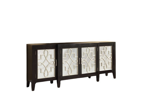 72" Black and Silver Mirrored Solid Wood and Glass Distressed Solid Console Table