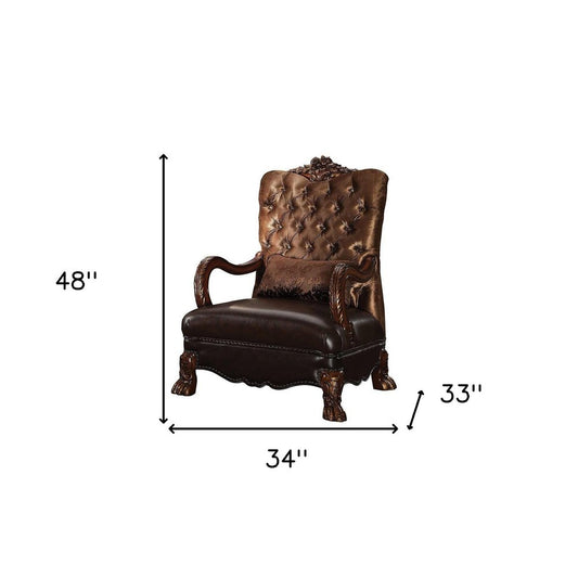 34" Golden Brown Tufted Velvet and Wood Arm Chair And Toss Pillow