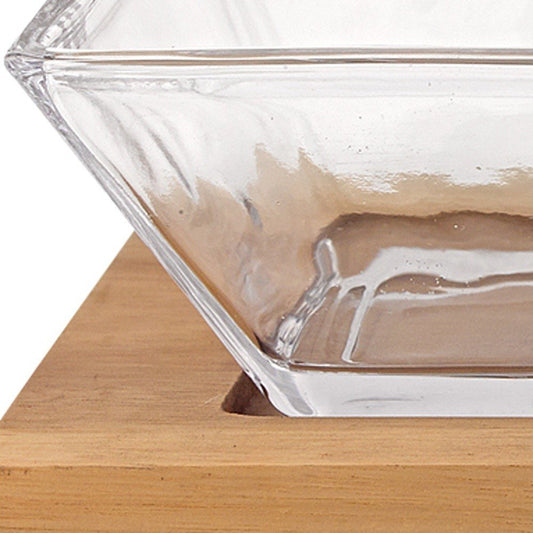 Four Piece Clear And Natural Crystal And Solid Wood Condiment Server