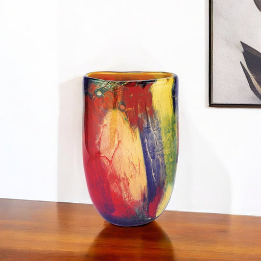 11" Red Purple And Yellow Abstract Oval Murano Glass Table Vase
