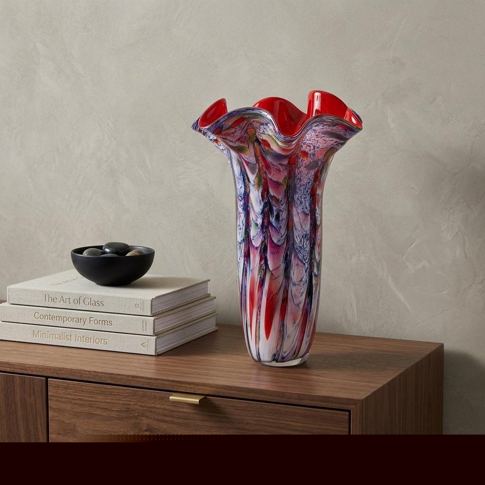 17" Blue Red And White Abstract Wavy Murano Glass Table Vase