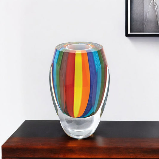 6" Blue Clear Red And Yellow Cylinder Crystal Glass Table Vase