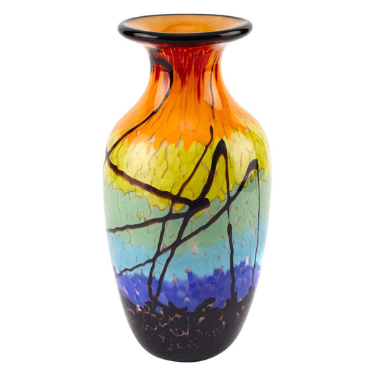 11" Black Blue Red And Yellow Abstract Urn Handblown Glass Table Vase