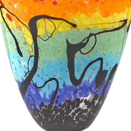 8" Red Orange Blue And Black Blue Abstract Oval Murano Glass Table Vase