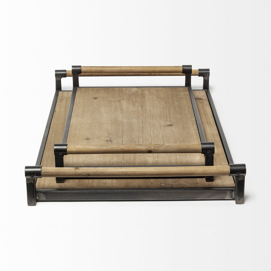 Set of Two Brown Wood Indoor Outdoor Serving Tray With Handles