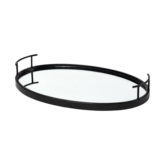20" Black Metal And Mirrored Glass Oval Vanity Tray With Handles