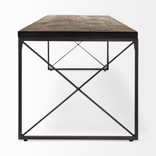 66" Brown And Black Metal and Solid Wood Bench
