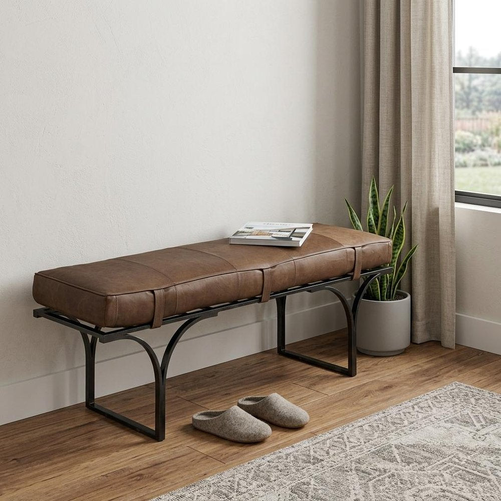 55" Brown and Black Genuine Leather Upholstery Bench