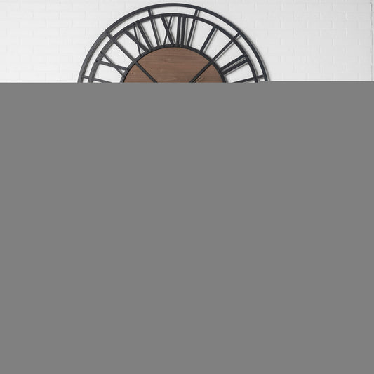 59" Black And Brown Metal and Solid Wood Skeleton Circle Wall Clock