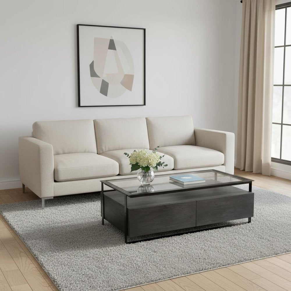 30" Clear And Black Glass Rectangular Coffee Table With Four Drawers And Shelf