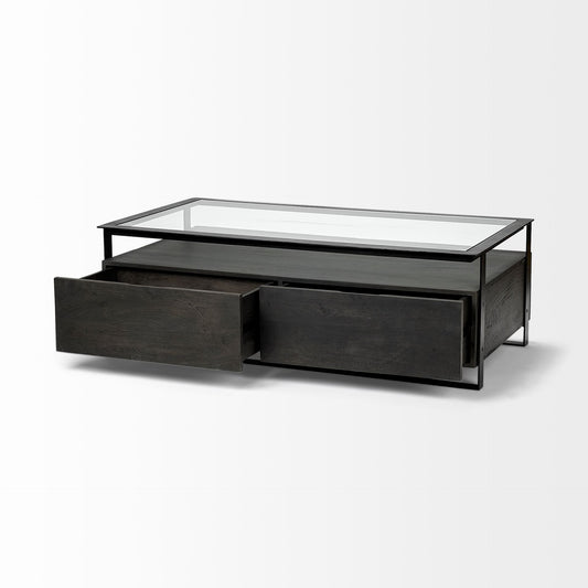 30" Clear And Black Glass Rectangular Coffee Table With Four Drawers And Shelf