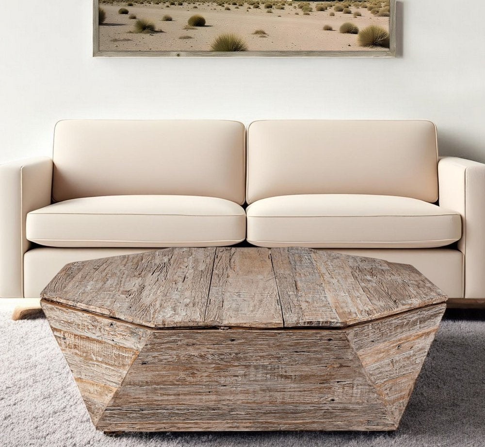 49" Natural Wood Octagon Distressed Lift Top Abstract Coffee Table