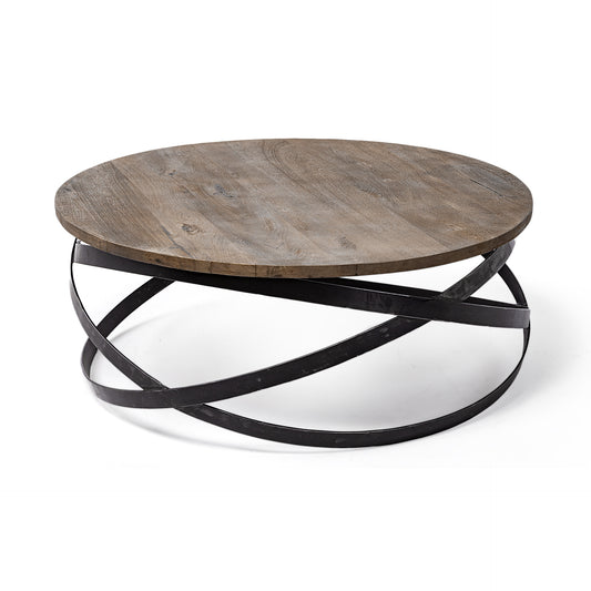 41" Brown and Black Solid Wood and Metal Round Coffee Table