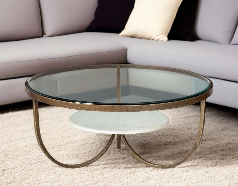 36" Brown and Gold Wood and Metal Round Coffee Table With Shelf