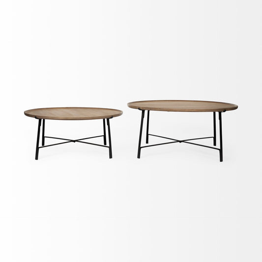 Set of Two Brown and Black Solid Wood and Iron Round Nested Coffee Tables