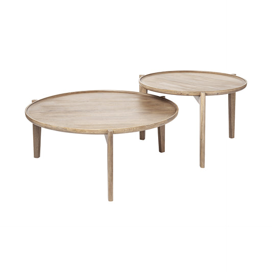 Set of Two Brown Solid Wood Round Nested Coffee Tables