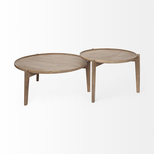Set of Two Brown Solid Wood Round Nested Coffee Tables