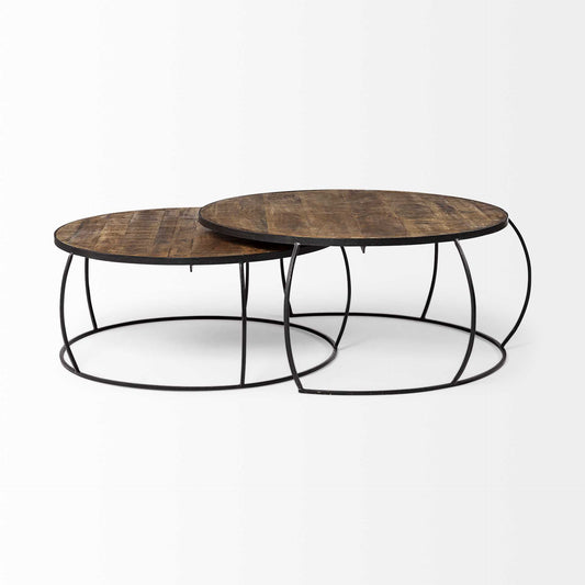 Brown and Black Wood and Metal Round Nested Coffee Tables