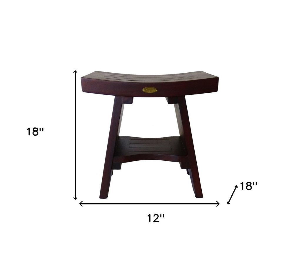 Compact Curviliniear Teak Shower Outdoor Bench With Shelf In Brown Finish