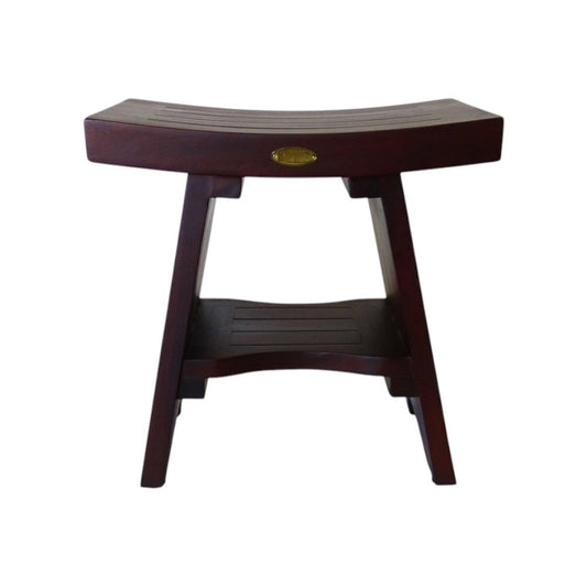 Compact Curviliniear Teak Shower Outdoor Bench With Shelf In Brown Finish