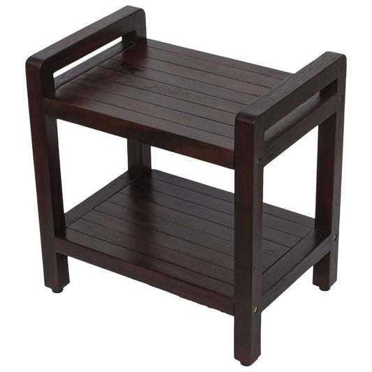 Rectangular Teak Shower Bench With Handles In Brown Finish