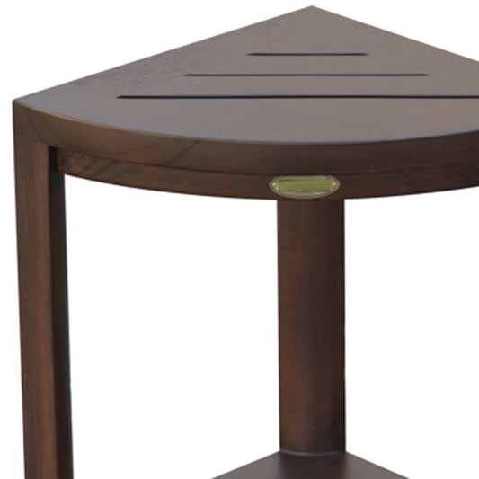 Compact Triangular Teak Shower Outdoor Bench With Shelf In Brown Finish