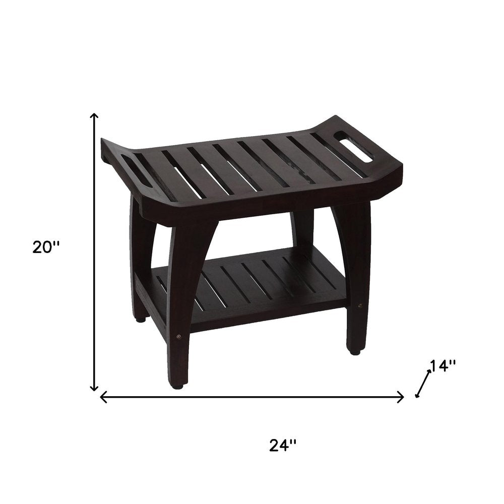 Contemporary Teak Shower Bench With Shelf And Handles In Brown Finish