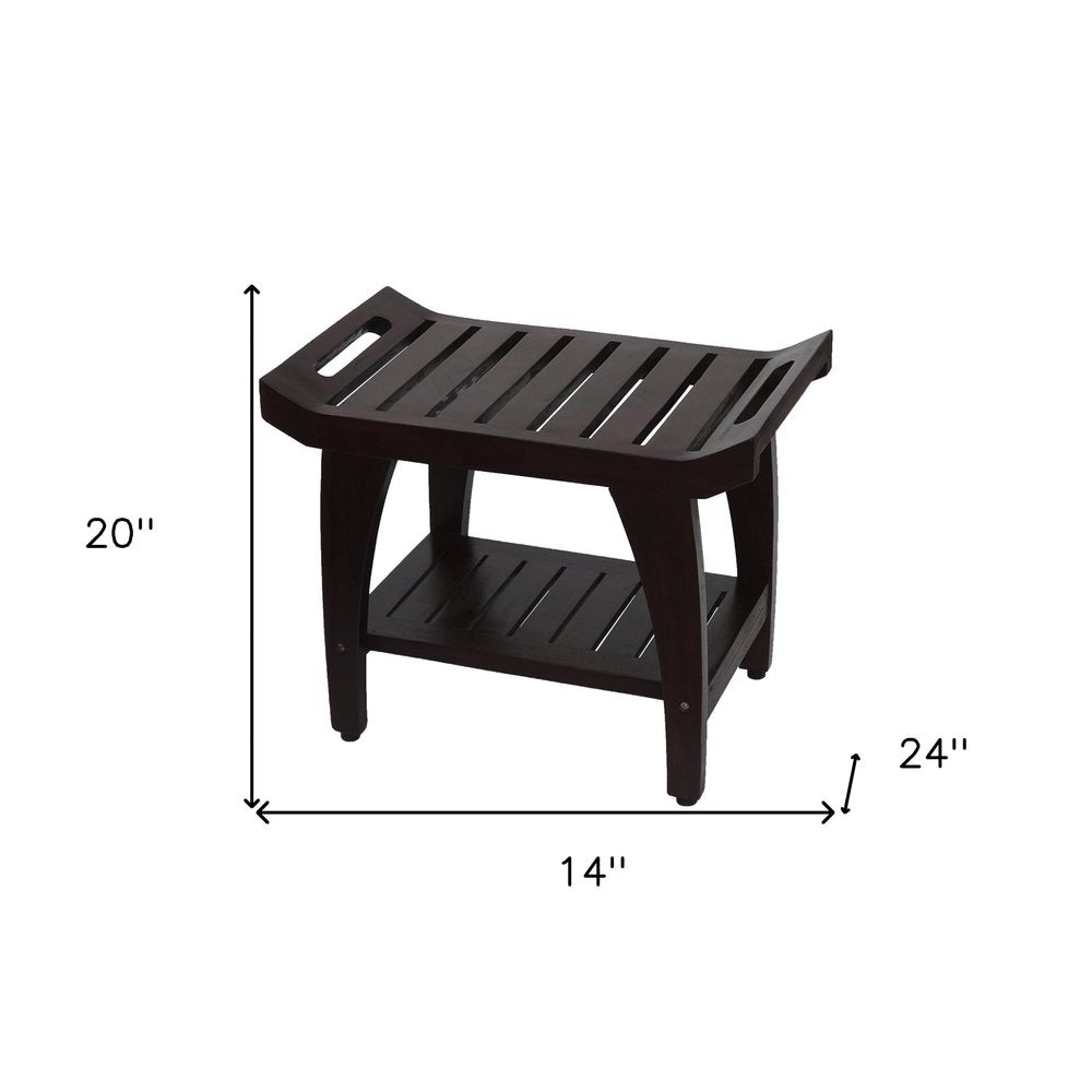 Contemporary Teak Shower Bench With Shelf And Handles In Brown Finish