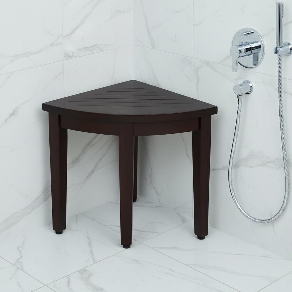 Compact Teak Corner Shower Or Outdoor Bench With Shelf In Brown Finish