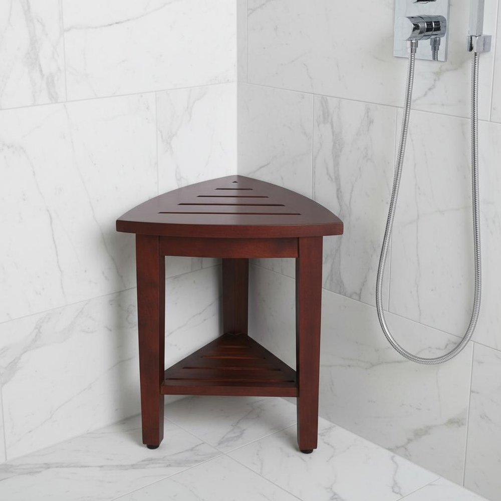 Compact Teak Corner Shower Outdoor Bench With Shelf In Brown Finish