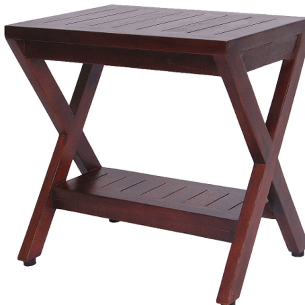 Compact X Shape Teak Shower Outdoor Bench With Shelf In Brown Finish