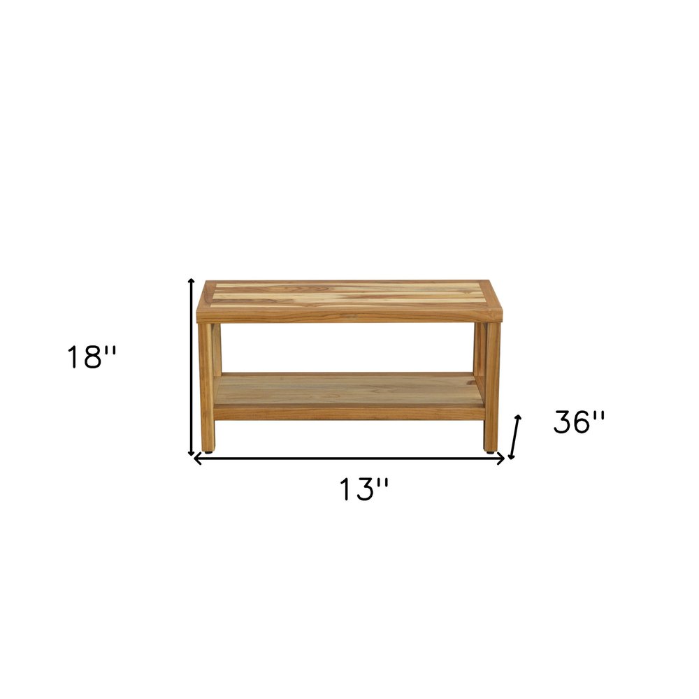 36" Natural Solid Teak Rectangular Shower Bench With Shelf