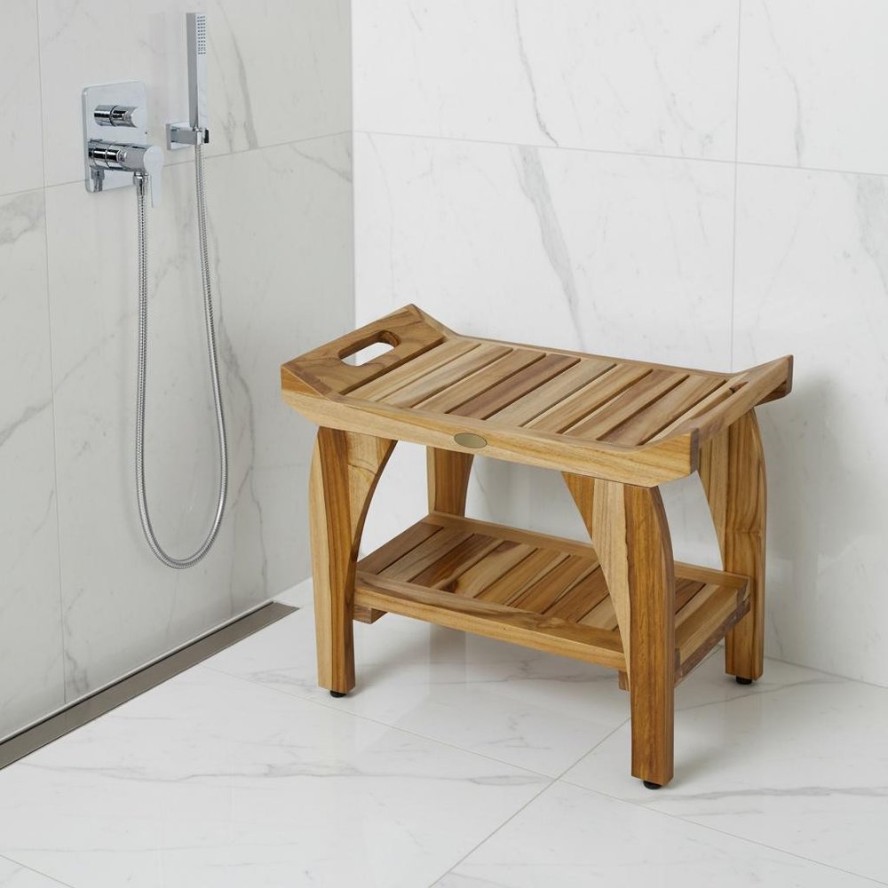 Compact Rectangular Teak Shower Bench With Handles In Natural Finish
