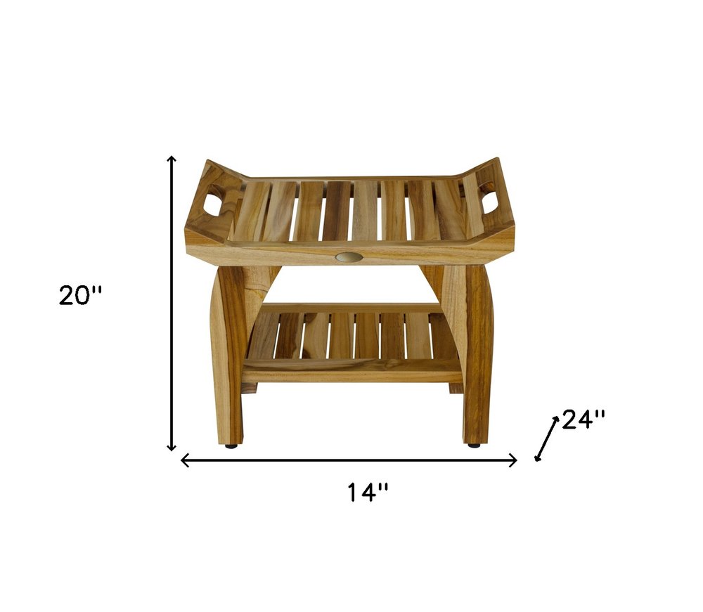 Compact Rectangular Teak Shower Bench With Handles In Natural Finish