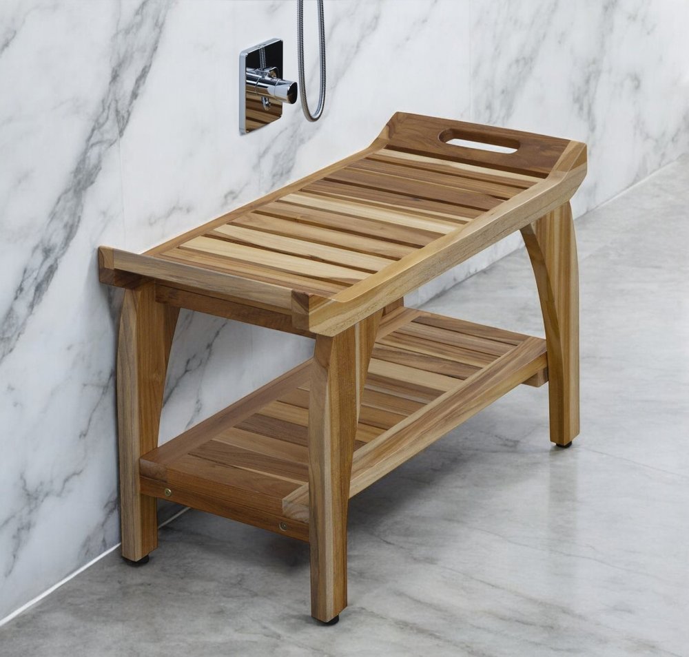 29" Teak Rectangular Shower Outdoor Bench With Handles In Natural Finish