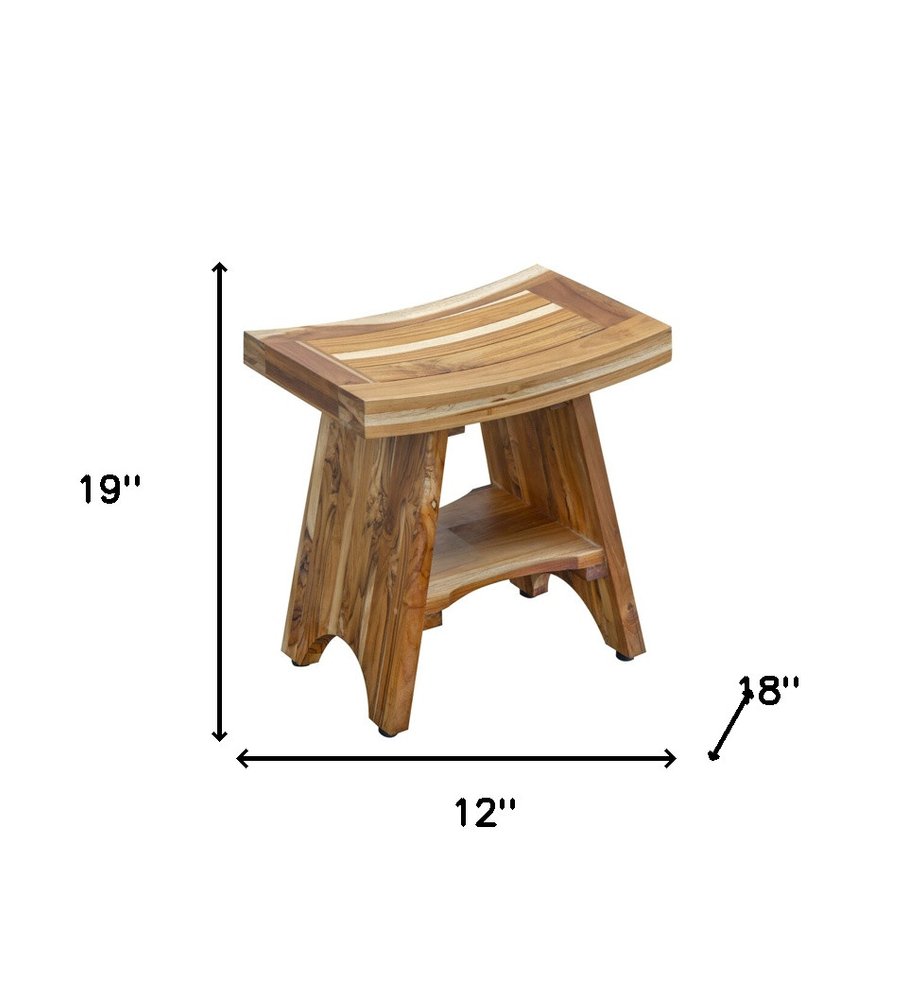 Compact Curvilinear Teak Shower Outdoor Bench With Shelf In Natural Finish