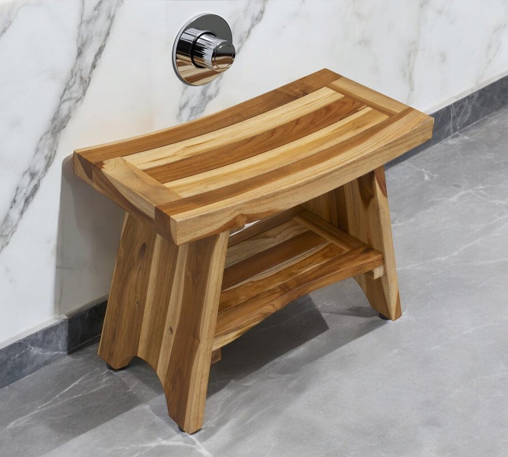 24" Natural Teak Rectangular Shower Bench With Shelf