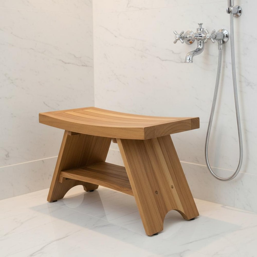 Rectangular Teak Shower Stool Or Bench With Shelf In Natural Finish