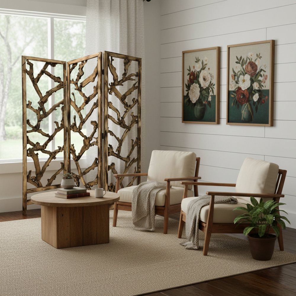 72" Brown Solid Wood Folding Three Panel Screen Room Divider