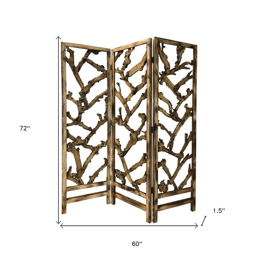 72" Brown Solid Wood Folding Three Panel Screen Room Divider