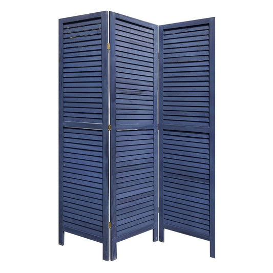 67" Dark Blue Solid Wood Folding Three Panel Screen Room Divider